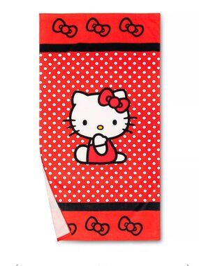 HELLO KITTY Here I Bow Beach Towel | Summer Red Bows White Polka Dots Girl NEW